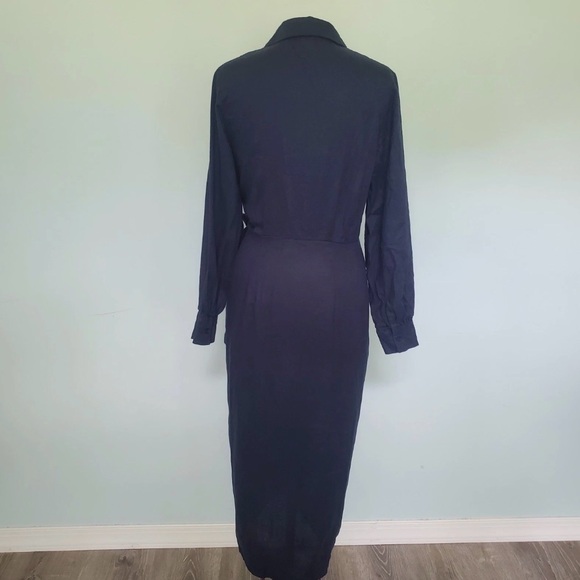 Magaschoni Wrap Dress Navy Blue 100% Linen Shirt Long Sleeve Classic Tie Waist - Picture 2 of 7